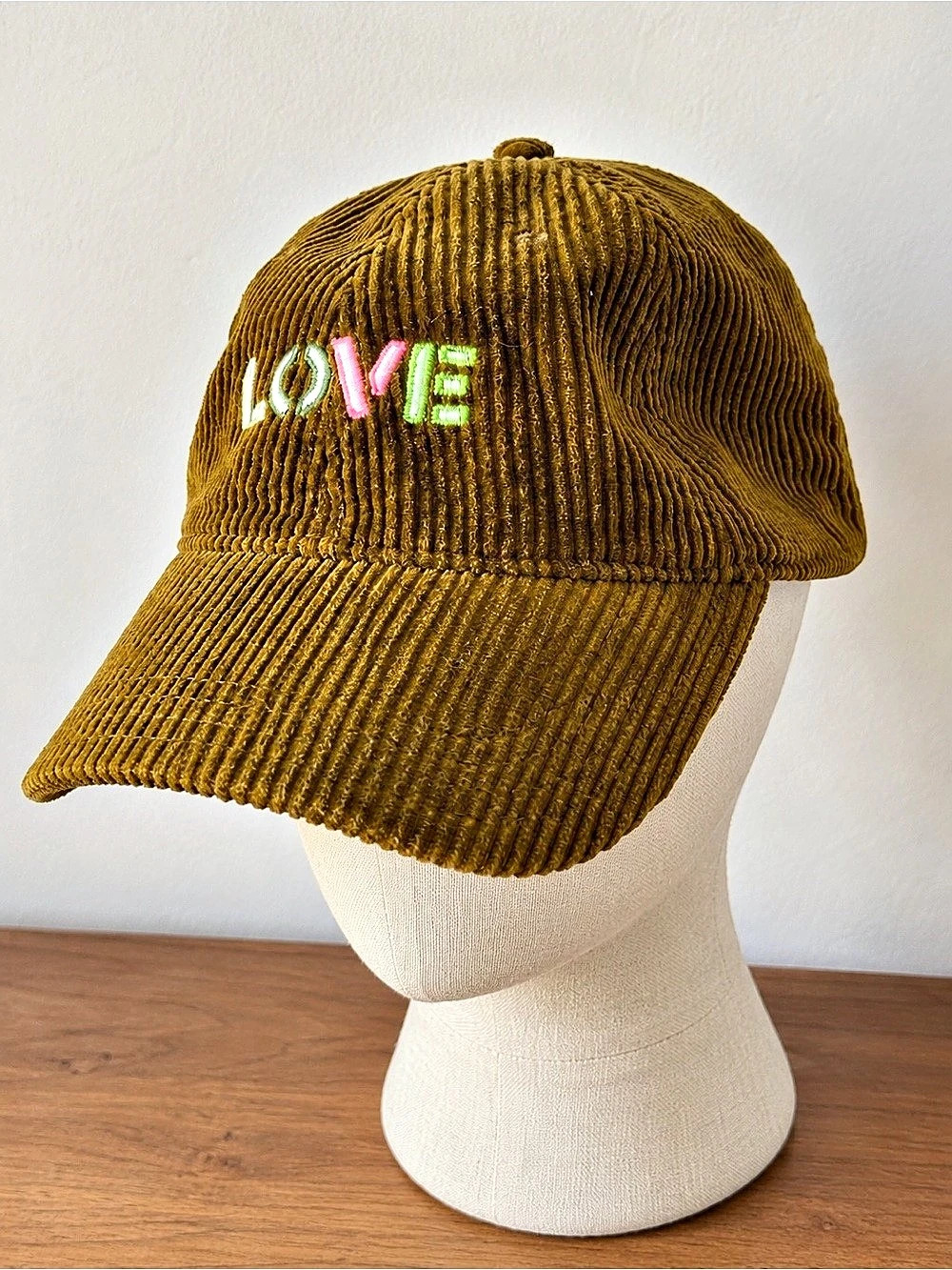 aerie Corduroy LOVE Baseball Hat in Brown & Green